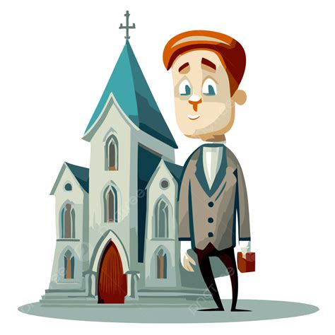 교회 안내인 벡터 스티커 클립 아트 교회 앞에 서 있는 만화 남자 상표 클립 아트 Png 일러스트 및 벡터 에 대한 무료