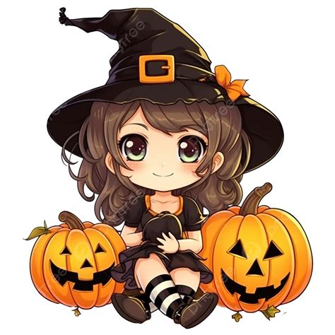 Cute Halloween Girl Witch With Pumpkin And Spider Kawaii Cartoon
