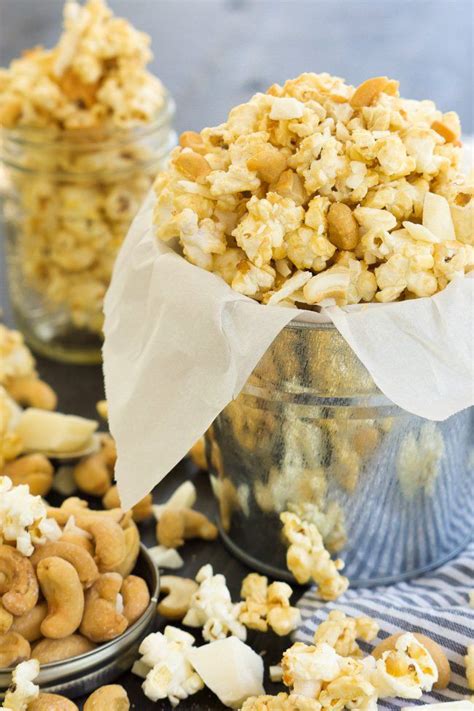 Skinny Peanut Butter Caramel Popcorn With Cashews And White Chocolate