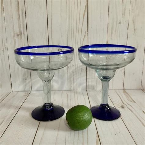 Mexican Margarita Glasses Set Of Two 2 Hand Blown Cobalt Blue Rim And Base Frozen Cocktail