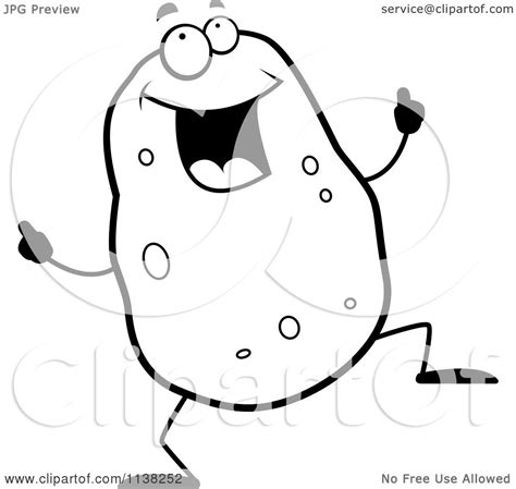 Cartoon Clipart Of An Outlined Black And White Dancing Potato Character