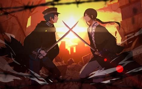 Wallpaper Anime Boys Fight Katana Cape Sunset