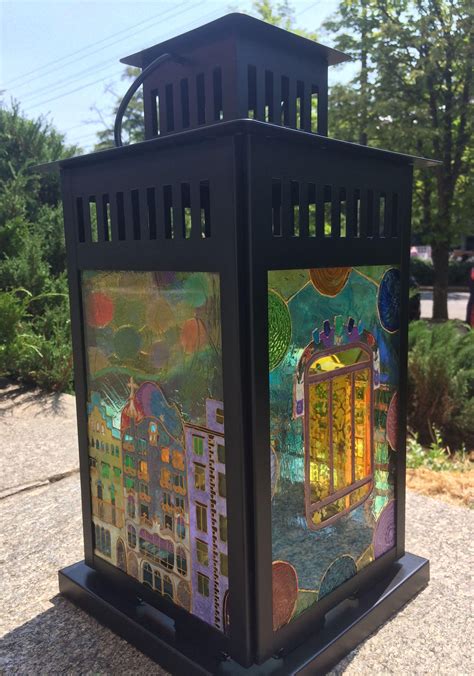 Large Metal Stained Glass Lantern Candleholder Front Porch Etsy