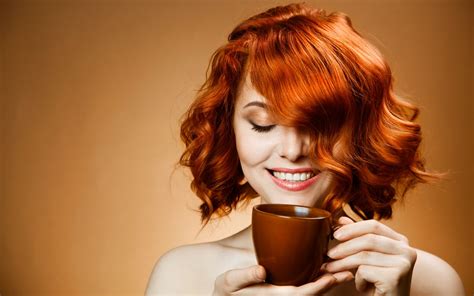 Smile Redhead Girl Drink Coffee Wallpapers Hd Desktop