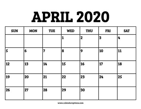 April 2020 Calendar Printable Calendar Options