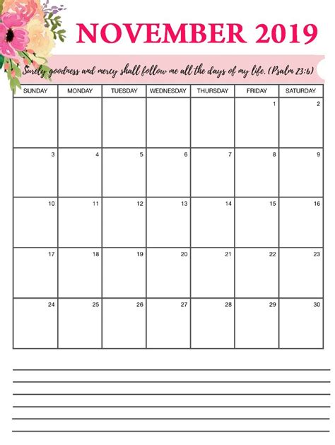 November 2019 Floral Wall Calendar November Printable Calendar Desk