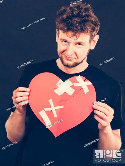 Heart Broken Concept Unhappy Sad Man Guy Holding Glued On Love Sign