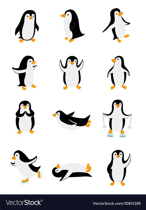 Set Little Penguins In Different Poses Funny Vector Image