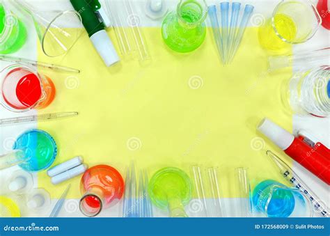 Colorful Science Flat Lay Composition Background Colored Chemicals And Glasswares Frame Border