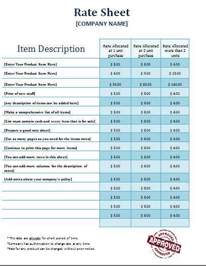 Ms Word Rate Sheet Template Free Formal Word Templates Word