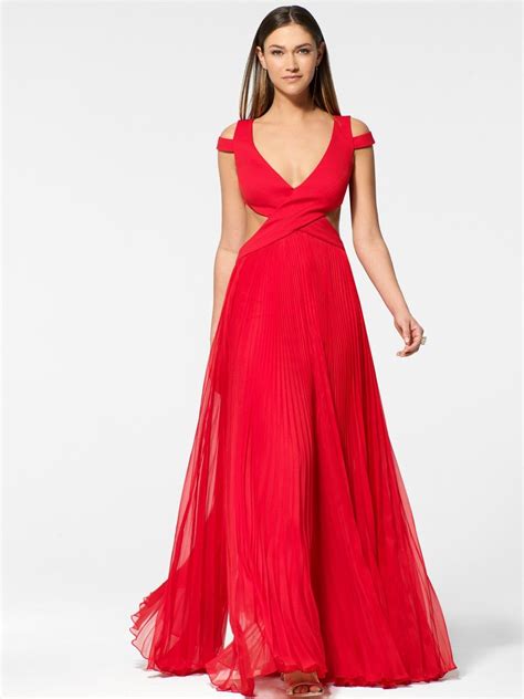 Red Cold Shoulder Gown With Pleated Skirt Red Pleated Skirt Gowns