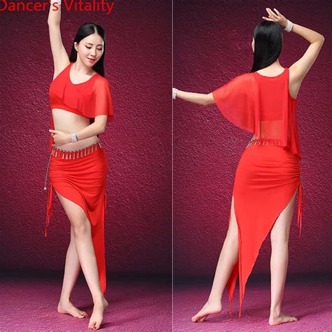 Stage Belly Dance 2pcs Set For Women Ballroom Modal Crop Top Side
