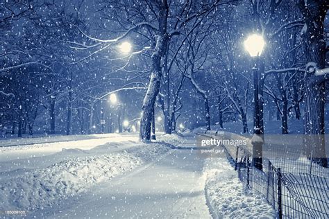 Central Park By Night During Snow Storm High Res Stock Photo Getty Images