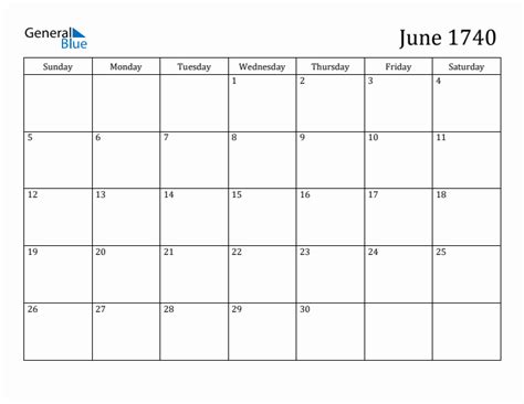 June 1740 Monthly Calendar Pdf Word Excel