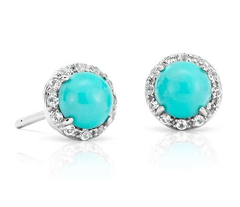 Natural Turquoise Button Stud Earrings In K White Gold Mm White