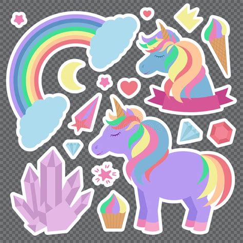 Cute Unicorns And Other Elements Set Of Vector Stickers On Transparent