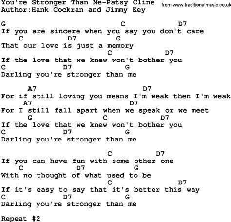 Country Musicyoure Stronger Than Me Patsy Cline Lyrics And Chords