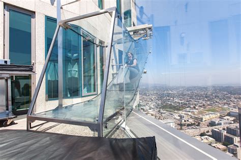 Braving the glass Skyslide at the US Bank Tower's Skyspace
