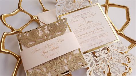 Gold Laser Cut Wedding Invitation Lace Gold Glitter Wedding Etsy