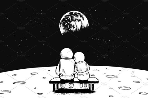 Astronaut Girl And Boy Sits On Bench Space Drawings Astronaut