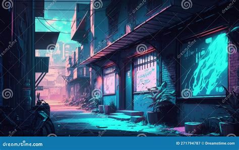 Cyberpunk Night Scene Of A City Street With A Street Light And A Neon