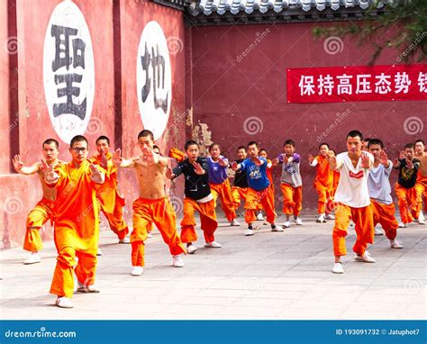 The Group Of Shaolin Children Monk Was Training Kungfu Inside The