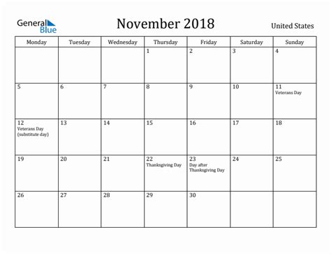 November 2018 United States Monthly Calendar With Holidays