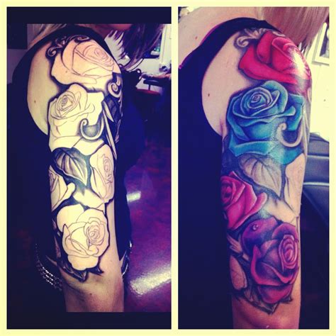 The colors and clear shapes guarantee that it will catch people's attention and it will also work as a cute accessory to various outfits. Rose half sleeve tattoo | Colorful rose tattoos, Rose ...