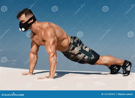 Muscular Man Workout Doing Push Ups Exercises Outdoors Strong Male