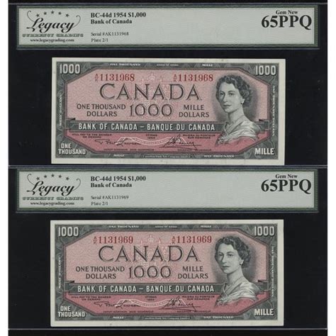 Bank Of Canada 1000 1954 Consecutive Pair