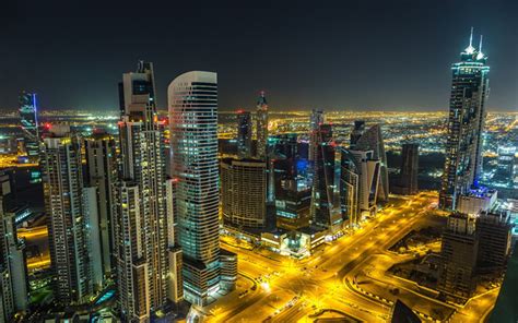 Download Wallpapers Dubai Skyscrapers Night Uae Modern Buildings