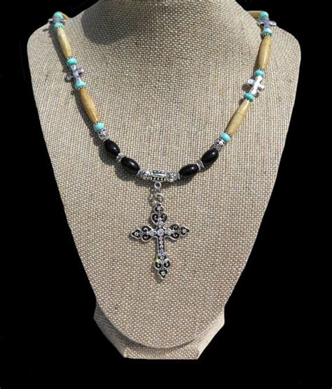 Turquoise Roundel Beads Rhinestone Cross Pendant Necklace Cross