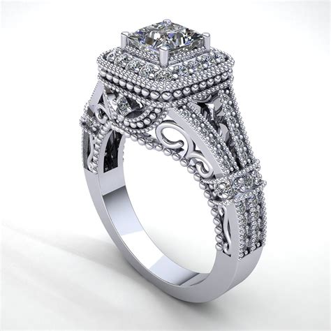 Genuine 2ct Princess Cut Diamond Ladies Milgrain Halo Engagement Ring