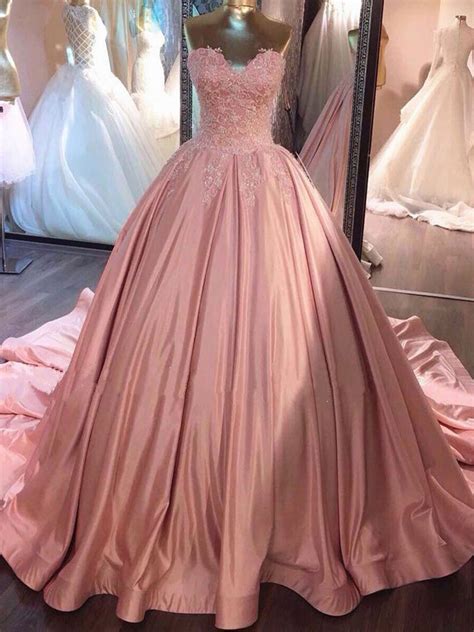 Ball Gown Pink Strapless Appliques Sweetheart Satin Evening Dresses Uk Promdressmeuk