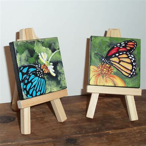 Two Butterfly Mini Paintings On Canvas With Easels Flower Painting