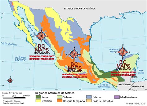 Mapa regiones naturales México para libro de texto vectorial eps ai