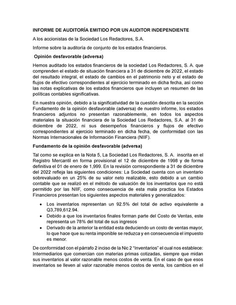 Ejemplo De Dictamen Informe De AuditorÍa Emitido Por Un Auditor