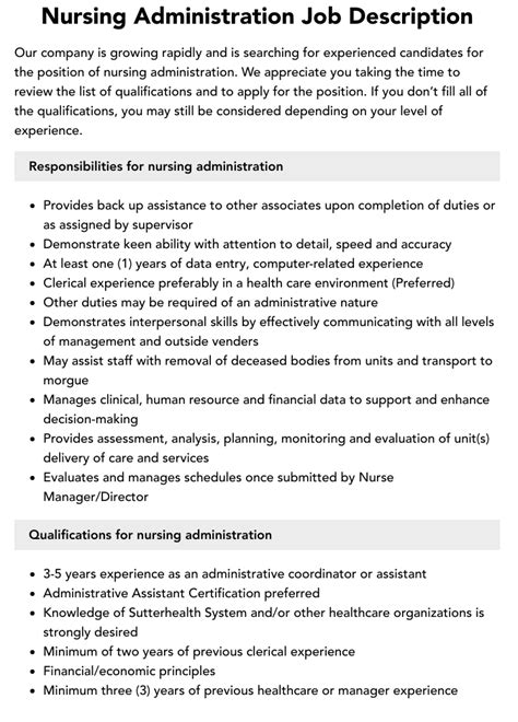 Nursing Administration Job Description Velvet Jobs