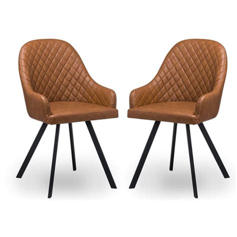 Stackom Chequered Tan Faux Leather Dining Chairs In Pair Sale