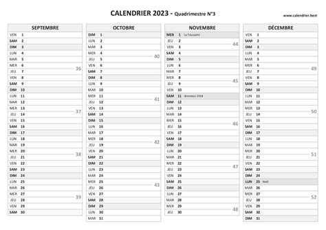 Calendrier pour le 3ème quadrimestre 2023 mois de septembre octobre