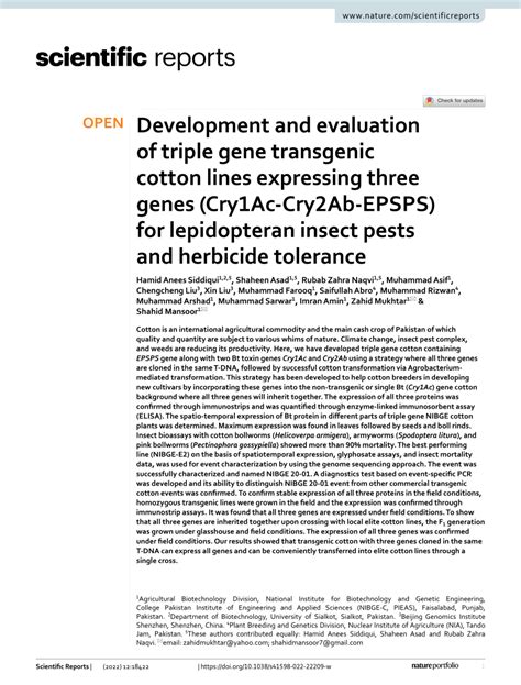 Pdf Development And Evaluation Of Triple Gene Transgenic Cotton Lines Expressing Three Genes