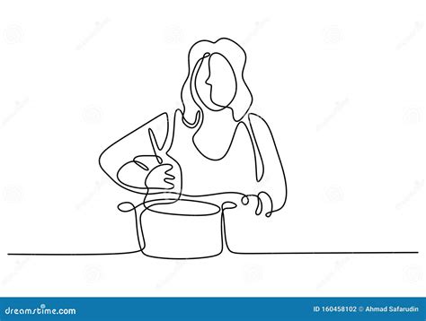 Continuous One Line Drawing Girl Cooking Food Vector Illustration