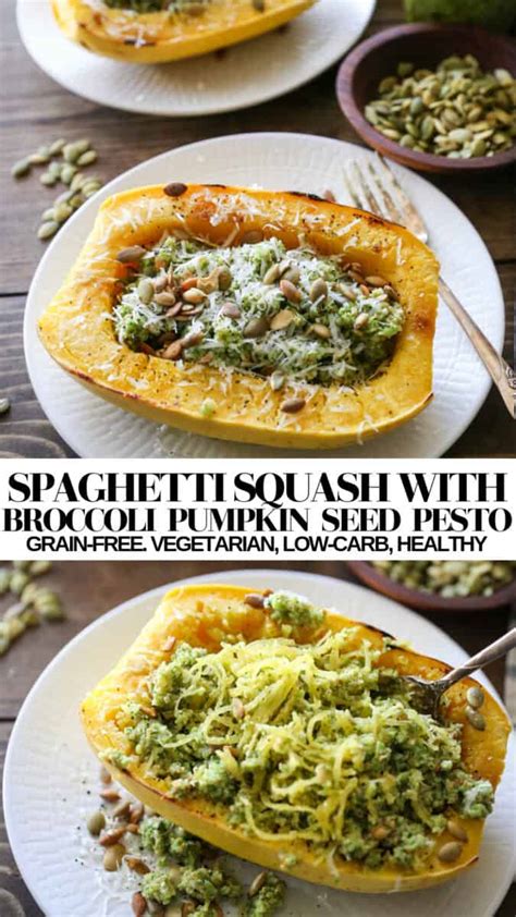 Spaghetti Squash With Broccoli Pumpkin Seed Pesto The Roasted Root