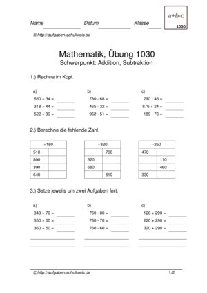 Schriftliches rechnen bis 1000 klasse 3: Knobelaufgaben Mathe Klasse 3 Zum Ausdrucken