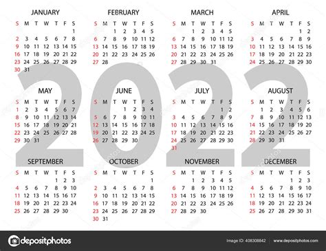 Calendar 2022 Year Vector Illustration Week Starts Sunday Annual