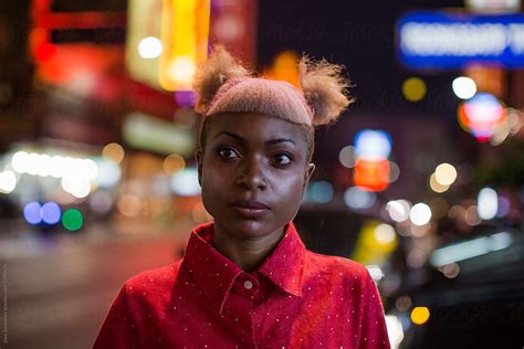 Night Portrait Of A Black Woman Looking At Camera Del Colaborador De Stocksy Jovo Jovanovic
