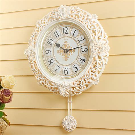 Pendulum Wall Clock White Elegant Country Beautiful Floral Vintage Silent