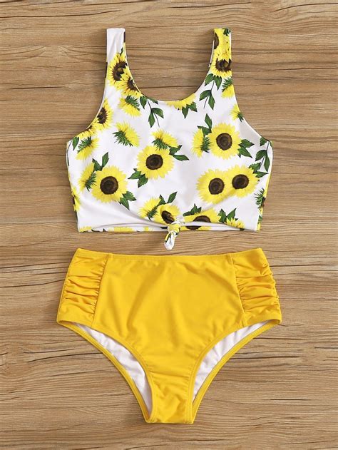 Sunflower Print Knot Cami Top Swimsuit Ruched Tankini Yellow Bikini