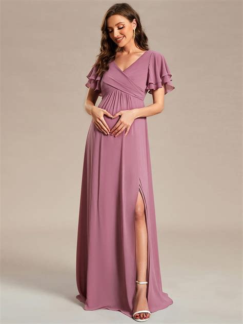 elegant a line front slit v neck chiffon maternity dress with ruffles sleeve ever pretty us