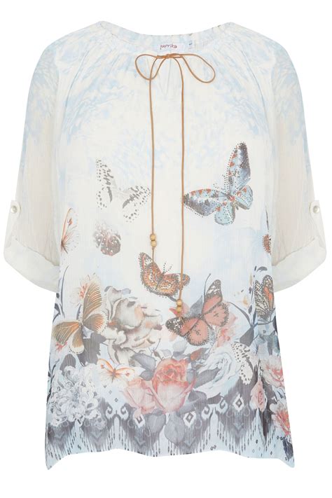 Paprika White And Blue Butterfly Embellished Chiffon Blouse Plus Size 22 To 26